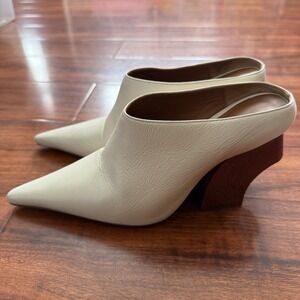 Rejina Pyo Yasmin Leather Mule Ivory Carved Wooden Heel 37 Women's Sz 6.5